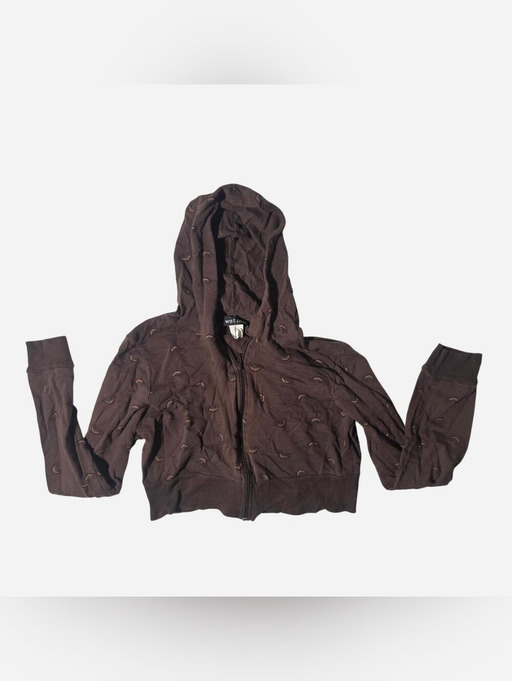 Vintage Y2K Wet Seal Brown Rainbow Print Zip Up Cropped Hoodie